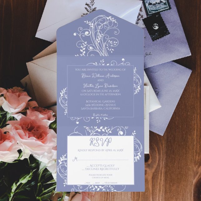 Uno Periwinkle Flourish Boda Todo En Una Invitación (Periwinkle Flourish All in One Wedding Invite)