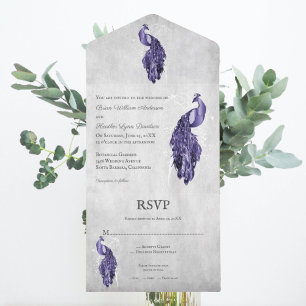 Uno Púrpura Peacock Boda Todo En Una Invitación