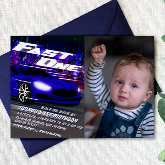 Uno Rápido con Invitación de Imagen (Fast One - 1st Birthday Racing Boy Landscape Invitation with Photo)