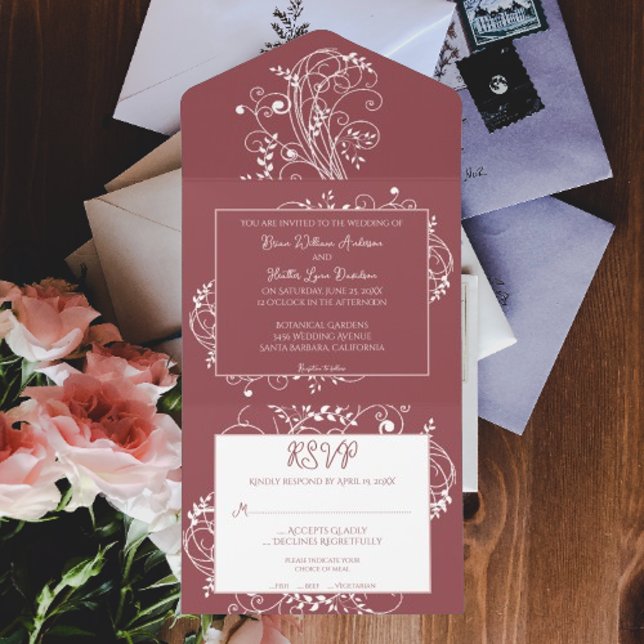 Uno Rosa Dusty Florece Boda Todo En Una Invitación (Dusty Rose Flourish All in One Wedding Invite)