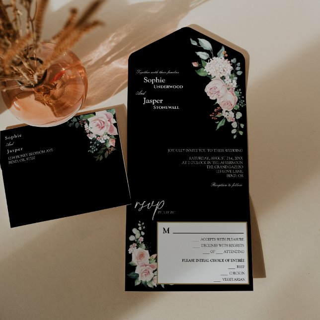 Uno Rubor Floral Black Boda Todo En Una Invitación (Subido por el creador)
