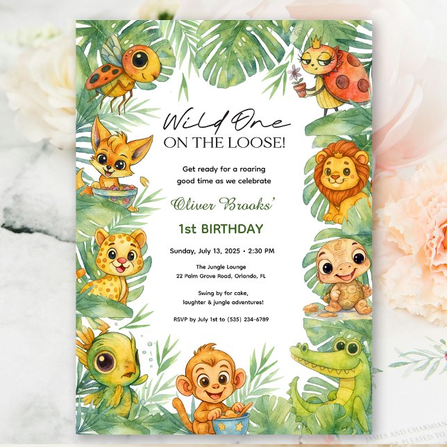 ¡Uno Salvaje suelto! | Invitación de cumpleaños 1e (Wild One Jungle Safari Boy 1st Birthday Invite)