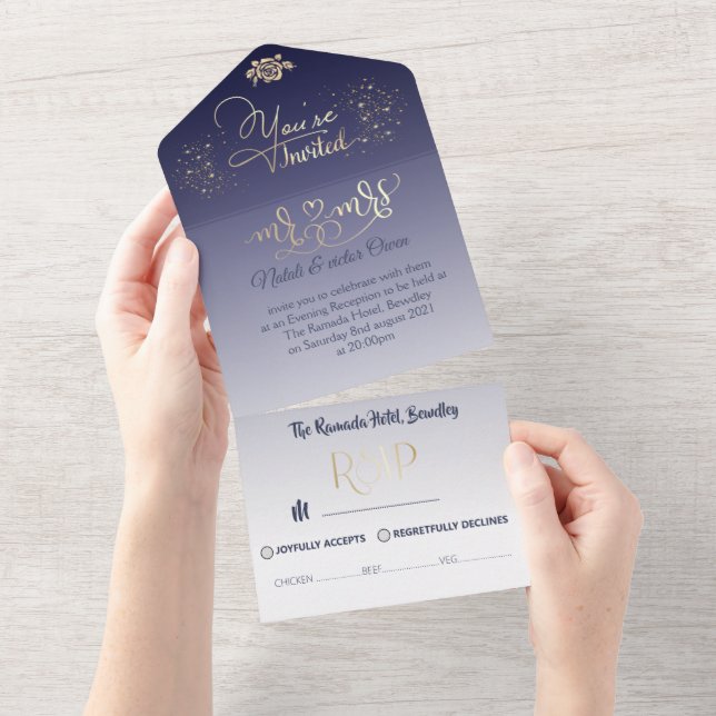 Uno Todo en una boda invitación de boda azul con・ (desgarro)