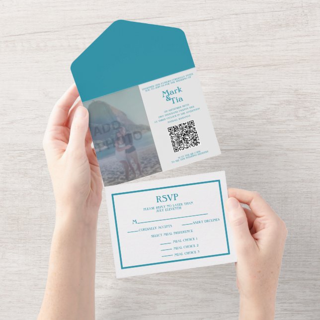 Uno Todo en una foto Boda azul Invitación QR Código (desgarro)