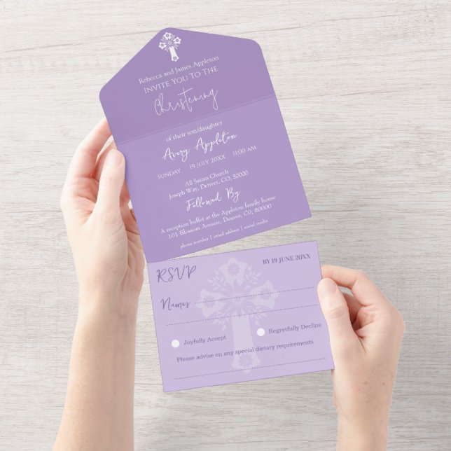 Uno Todo En Una Invitación Cruce Floral Baptismo Lilac (desgarro)