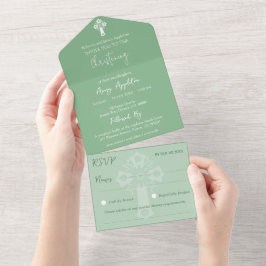 Uno Todo En Una Invitación Cruce Floral Baptismo Verde