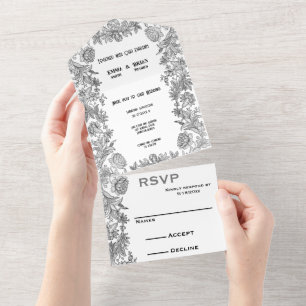 Uno Todo floral grabado en una invitación de matrimoni