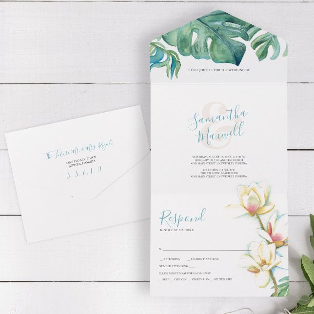 Uno Watercolor Magnolia Boda Todo En Una Invitación (Subido por el creador)