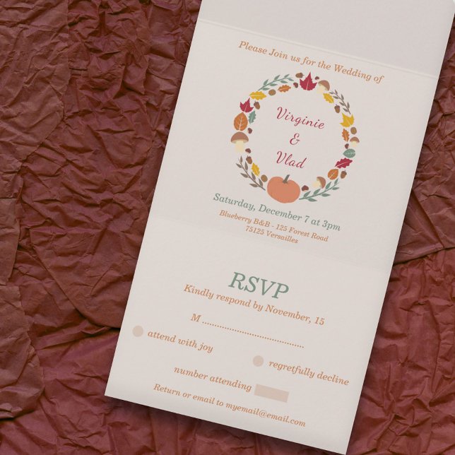 Uno Wreath & Fall Boda RSVP Todo En Una Invitación (Wreath & Fall RSVP Wedding All In One Invitation)