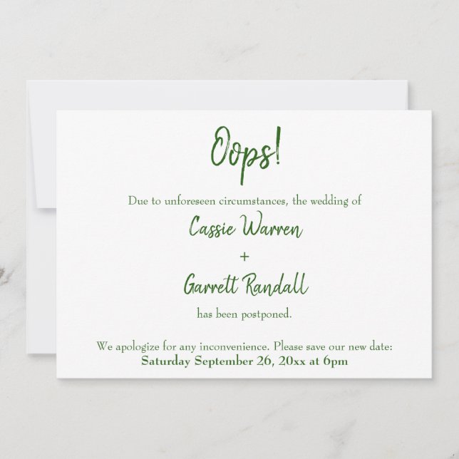 ¡Ups! Invitación Boda verde y blanca pospuesta (Anverso)