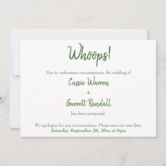 ¡Uy! Invitación verde blanco posponible Boda (Anverso)