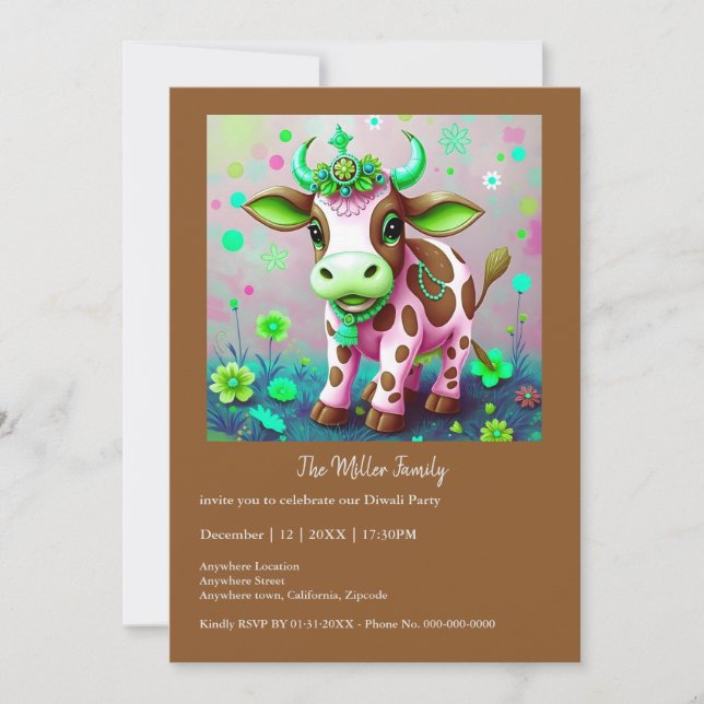 Vaca adorada con flores en el Festival Diwali (Anverso)