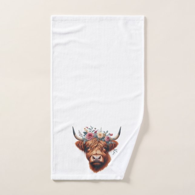 Vaca de tierras altas, con flores y primavera (Toalla de mano)
