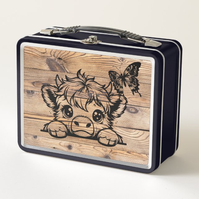 Vaca Highland con mariposa negra/Faux Woodgrain (Anverso)