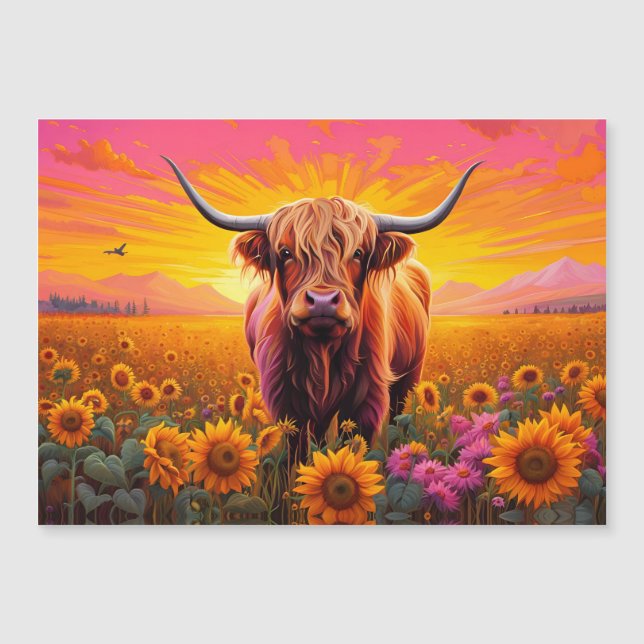 Vaca Highland en girasoles - Tarjeta magnética Sun (Anverso)