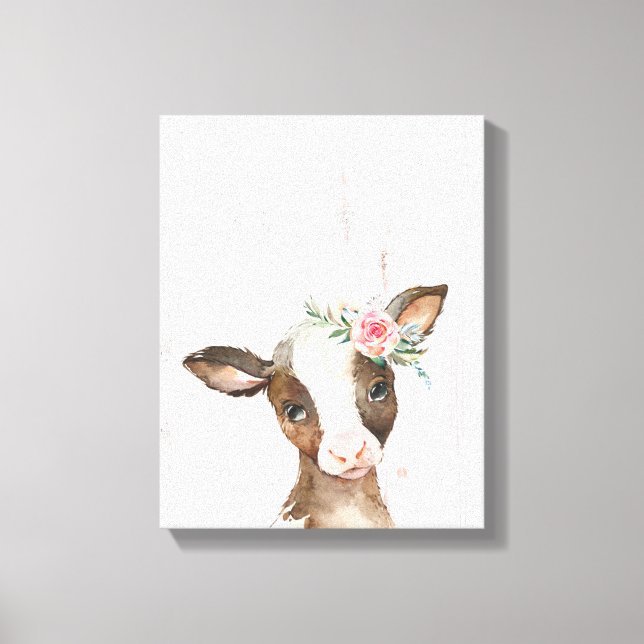 Vaca marrón floral acuarela, arte de animales bebé (Anverso)