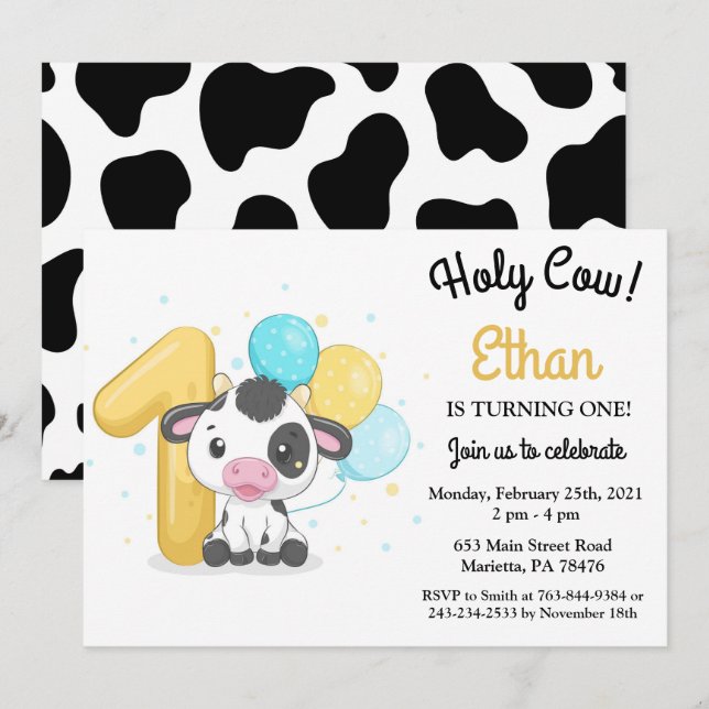 Vaca Santa Soy una Vaca Invitación de primer cumpl (Anverso / Reverso)