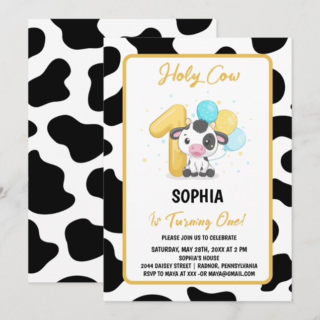Vaca Santa Soy una Vaca Invitación de primer cumpl (Anverso / Reverso)