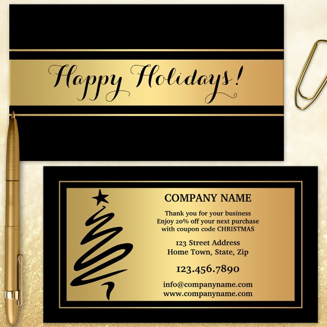 Vacaciones de oro y negro - Gracias tarjeta de vis (Christmas Holidays business card with a simple gold and black design with modern tree outline)