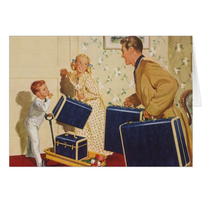 Vacaciones familiares, papá, niños y maletas (Anverso (Horizontal))