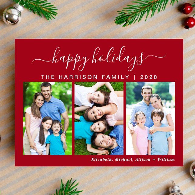 Vacaciones simples felices 3 tarjeta postal de fes (This holiday season, let the magic of your cherished moments unfold with our 3 photo Christmas card)