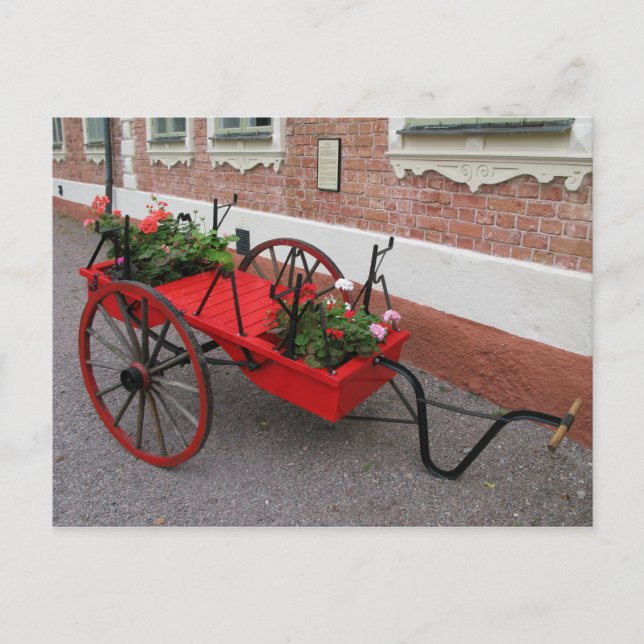 Vagón de flores rojas en postal (Anverso)