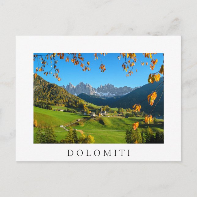 Val di Funes con tarjeta blanca de hojas de otoño (Anverso)