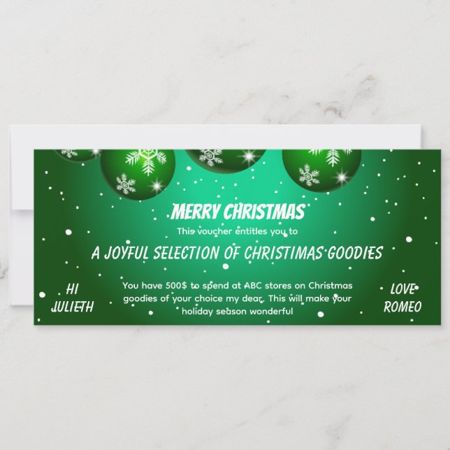 Vale de regalo de Navidad verde festivo (Anverso)