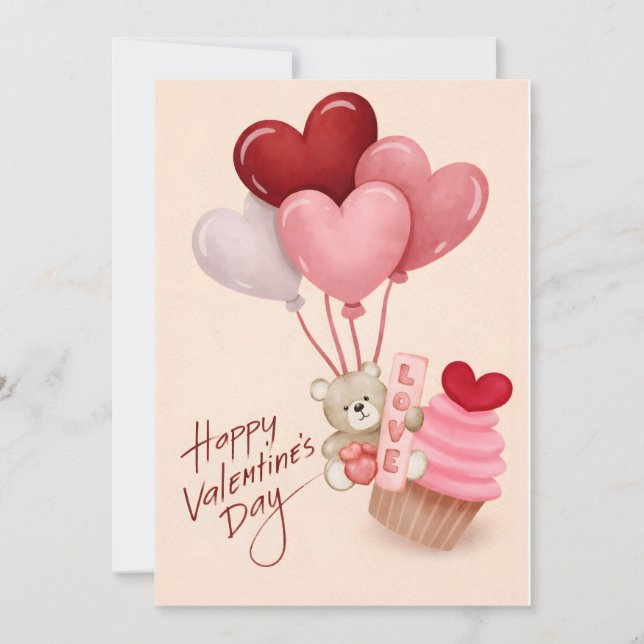 Valentine’s Day Card with Heart Balloons & Cupcake (Anverso)
