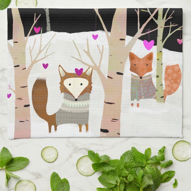 Valentine Woodland Foxes Cocina toalla de té (Doblado)