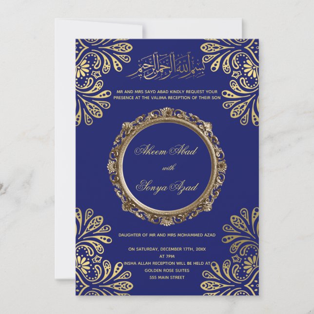 Valima Nikah Ceremonia Boda Invitación Oro Azul (Anverso)