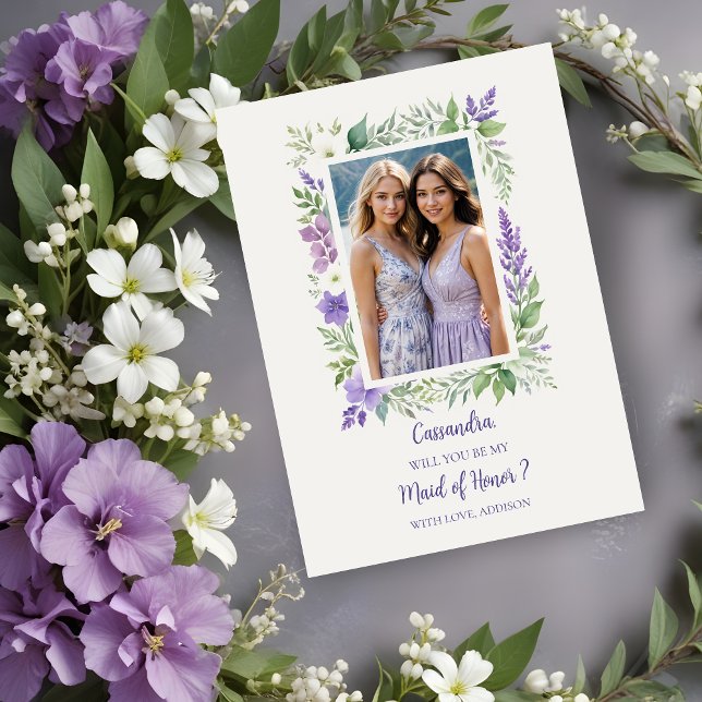 Valorada propuesta fotográfica de marco floral par (Cherish Cute Floral Frame Bridesmaid Photo Proposal Card in Lavender Shades. )