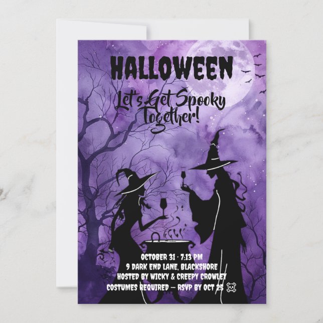 Vamos a asustarnos: Invitación morada de Halloween (Anverso)