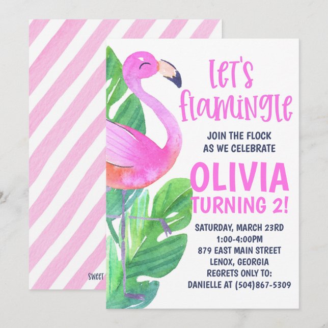 ¡Vamos a Flamingle! Invitación de Cumpleaños (Anverso / Reverso)
