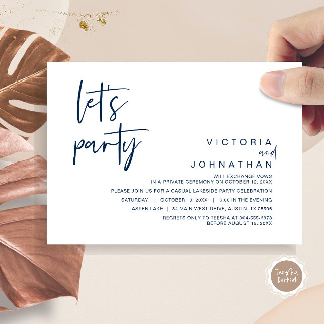 Vamos a la Fiesta, Tarjeta de Invitación para Fies (Let's Party, Wedding Elopement Dinner Invitation Card, Modern Minimalist Script, in Navy Blue)