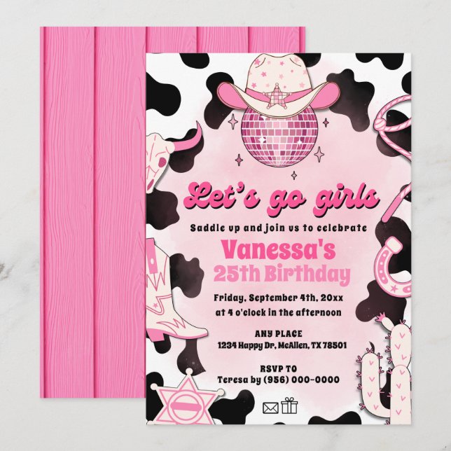 Vamos Chicas Cowgirl Rodeo Disco Invitación (Anverso / Reverso)