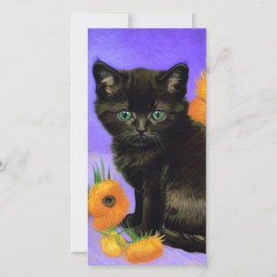 Van Gogh Black Kitten with Sunflowers Card