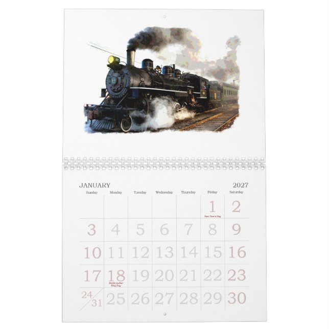Vapor de las locomotoras y calendario de pared (Jan 2027)