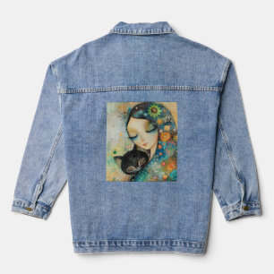 VAQUERA CHAQUETA DE JEAN CON DIBUJO DE MUJER Y GATO