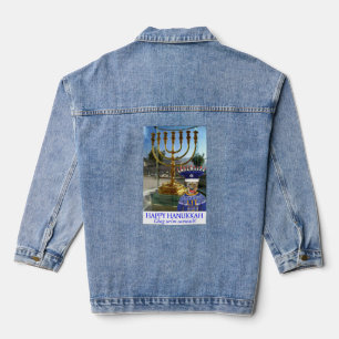 Vaquera chaqueta de mujer denim. Feliz Hanukkah. león