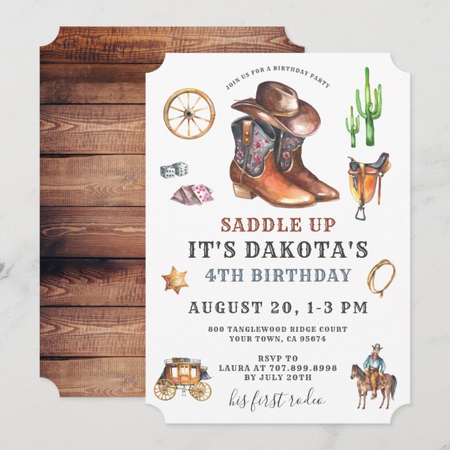 Vaquero 4 Invitación por el cumpleaños (Anverso / Reverso)