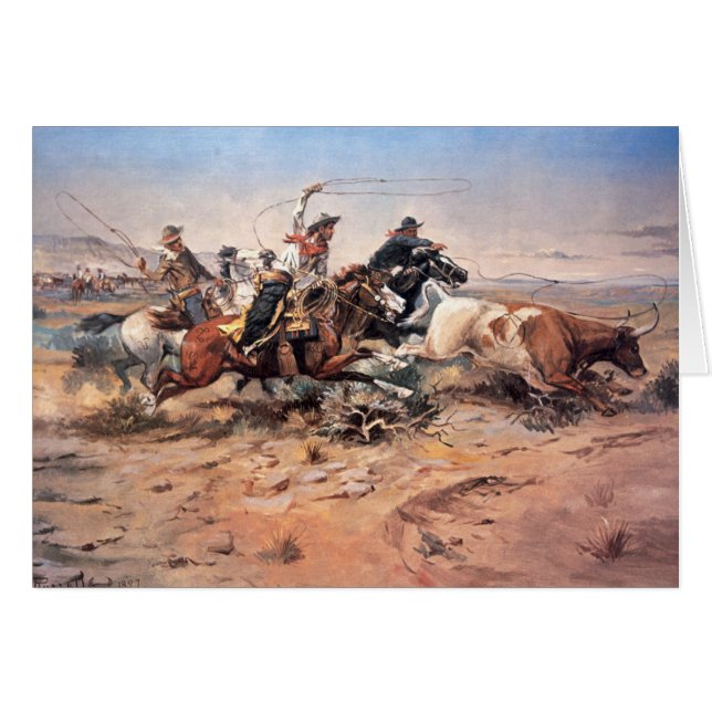 Vaqueros roping un buey, 1897 (aceite en lona) (Anverso (Horizontal))