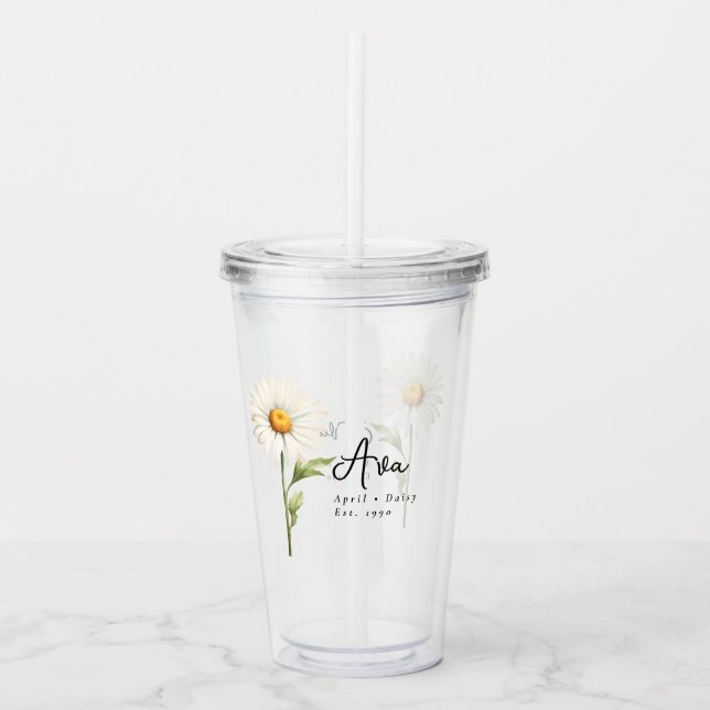 Vaso Acrílico Abril Mes de Nacimiento Flor Daisy Personalizado (Anverso)