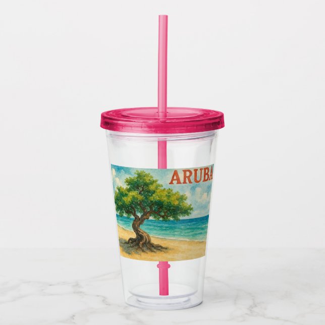 Vaso Acrílico Acuarela de Aruba Divi Tree Eagle Beach (Anverso)