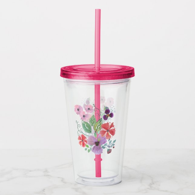 Vaso Acrílico Acuarela, flores, ramo, . (Anverso)