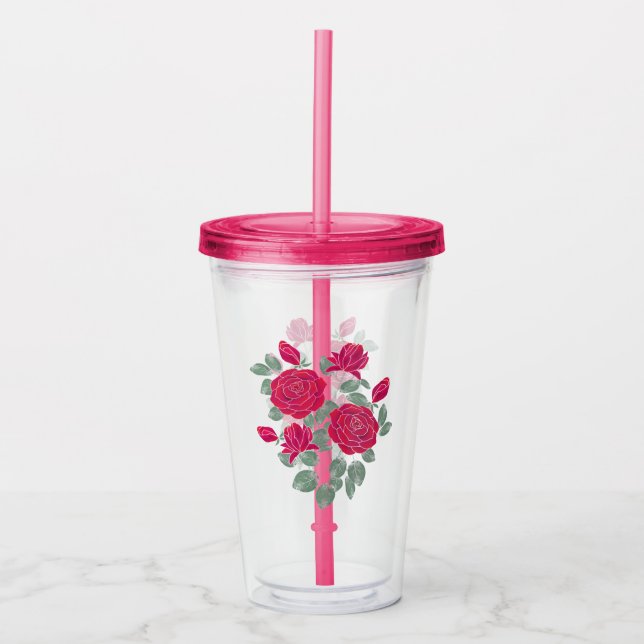 Vaso Acrílico Acuarela, flores, ramo, rosas. (Anverso)