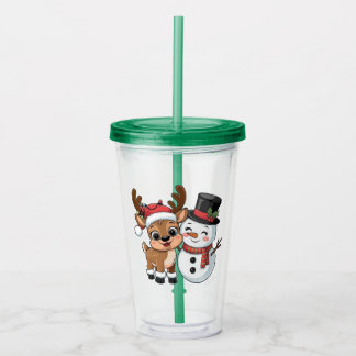 Vaso Acrílico Adorable Reno de Navidad & Muñeco de Nieve