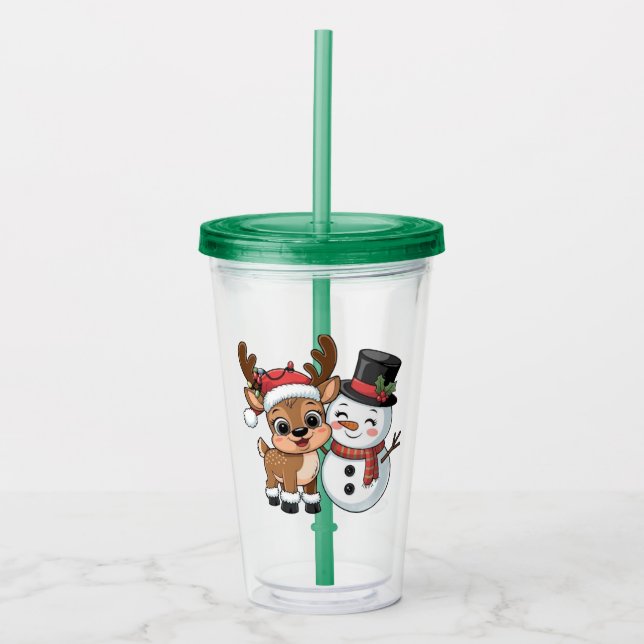 Vaso Acrílico Adorable Reno de Navidad & Muñeco de Nieve (Anverso)