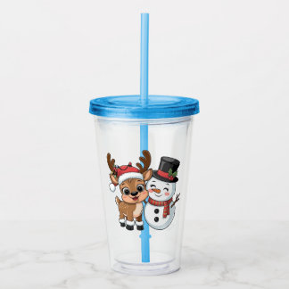 Vaso Acrílico Adorable Reno de Navidad & Muñeco de Nieve