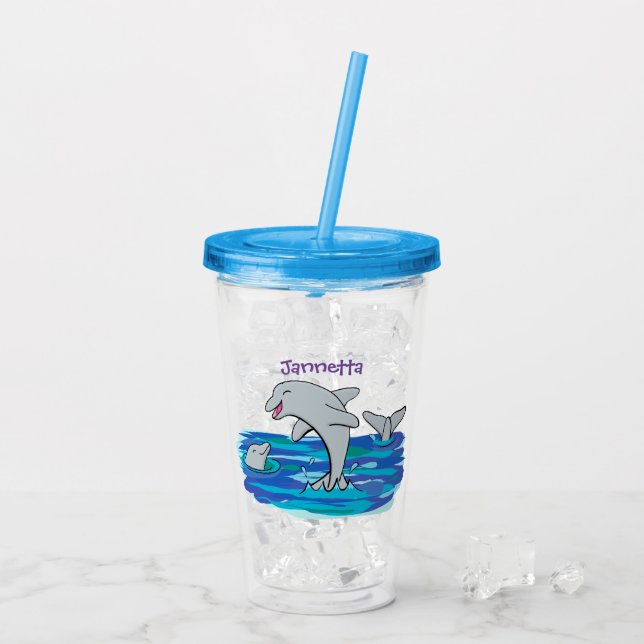 Vaso Acrílico Adorables delfines felices ilustracion personaliza (Reverso (hielo))